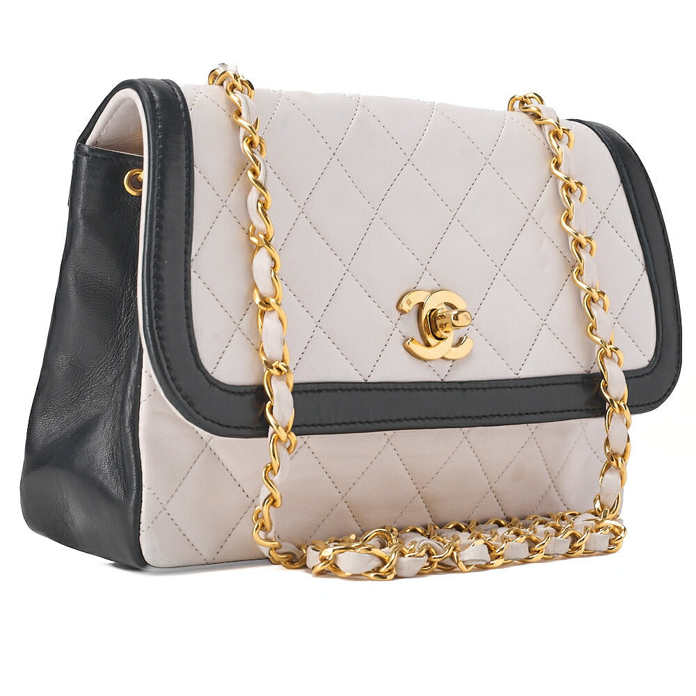CHANEL Lambskin Matelasse Design Flap Single Chain Shoulder Black x White Gold-Tone Hardware, Pre-Owned