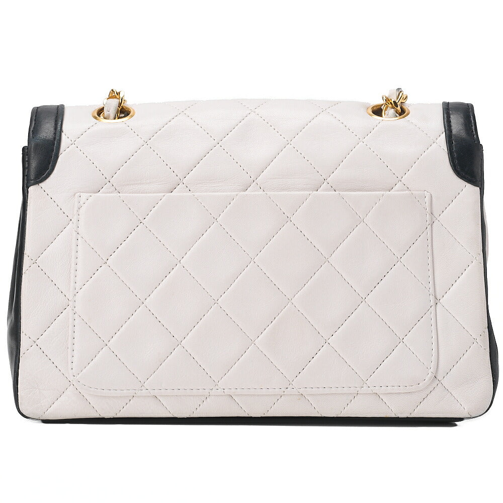 CHANEL Lambskin Matelasse Design Flap Single Chain Shoulder Black x White Gold-Tone Hardware, Pre-Owned