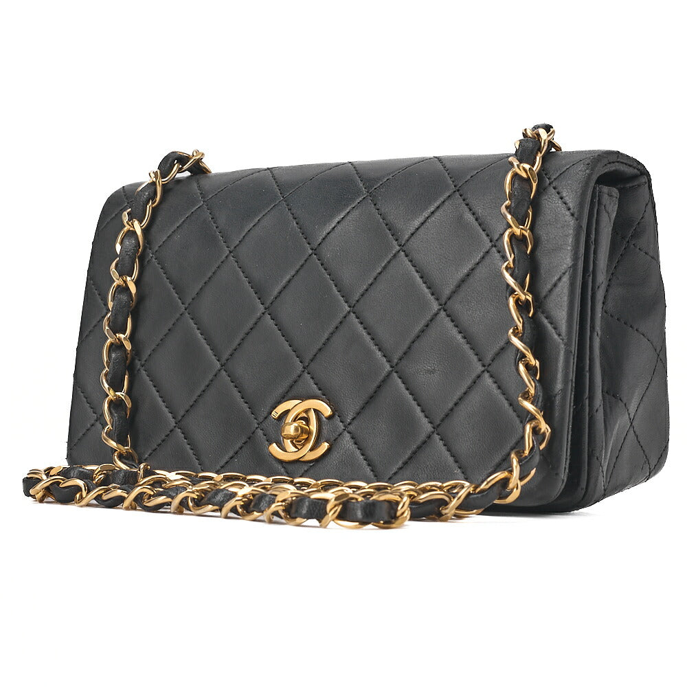 CHANEL Lambskin Matelasse Full Flap 19cm Turnlock Chain Shoulder Black Gold-Tone Hardware, Pre-Owned