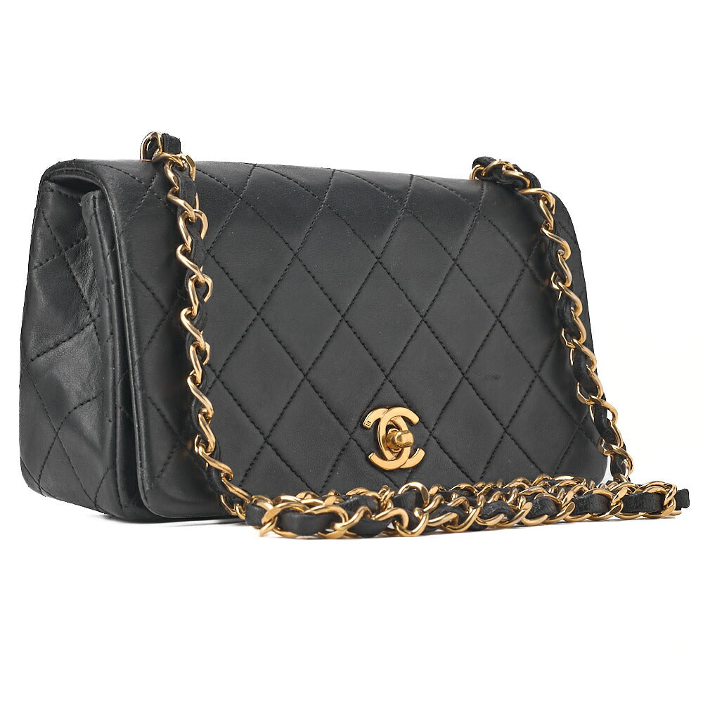 CHANEL Lambskin Matelasse Full Flap 19cm Turnlock Chain Shoulder Black Gold-Tone Hardware, Pre-Owned