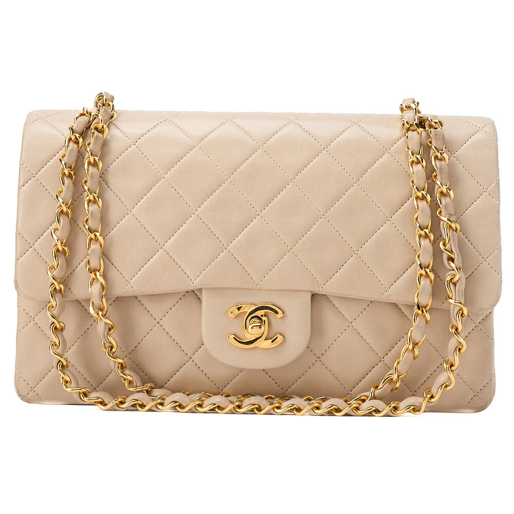 CHANEL Lambskin Matelasse 25cm Double Flap Chain Shoulder Beige Gold-Tone Hardware, Pre-Owned