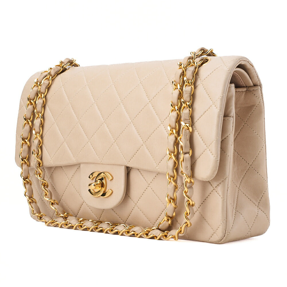 CHANEL Lambskin Matelasse 25cm Double Flap Chain Shoulder Beige Gold-Tone Hardware, Pre-Owned