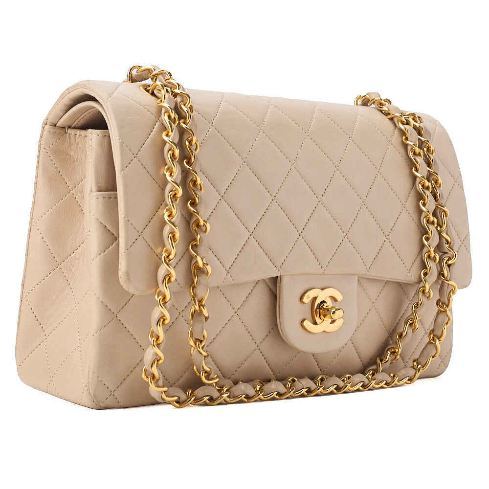 CHANEL Lambskin Matelasse 25cm Double Flap Chain Shoulder Beige Gold-Tone Hardware, Pre-Owned