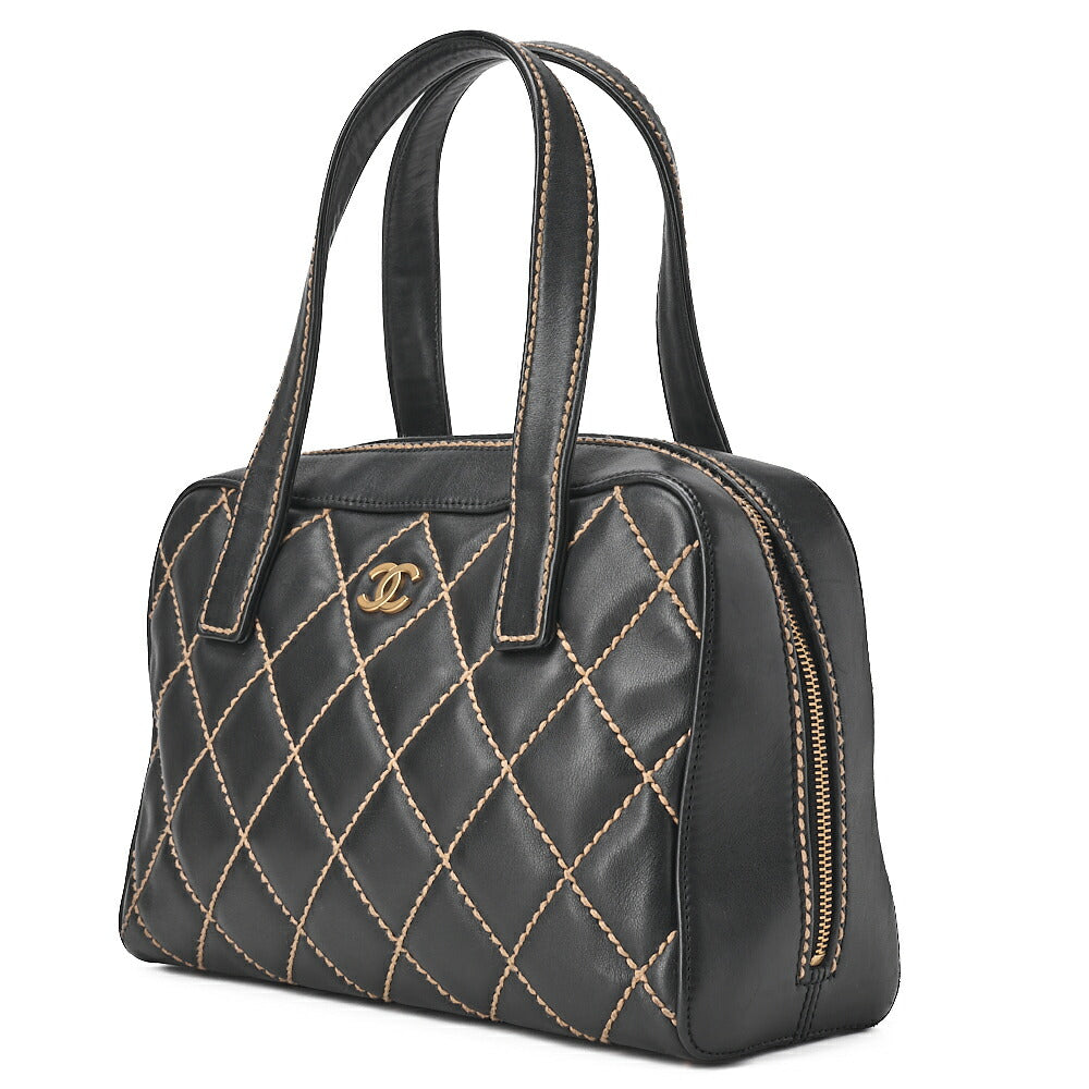 CHANEL Coco Mark Wild Stitch Handbag Calfskin Black Gold-Tone Hardware, Pre-Owned