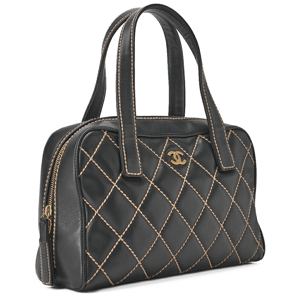 CHANEL Coco Mark Wild Stitch Handbag Calfskin Black Gold-Tone Hardware, Pre-Owned