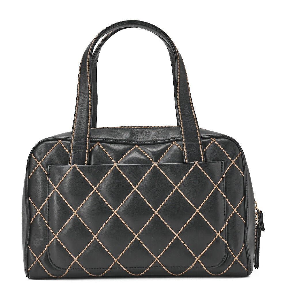 CHANEL Coco Mark Wild Stitch Handbag Calfskin Black Gold-Tone Hardware, Pre-Owned