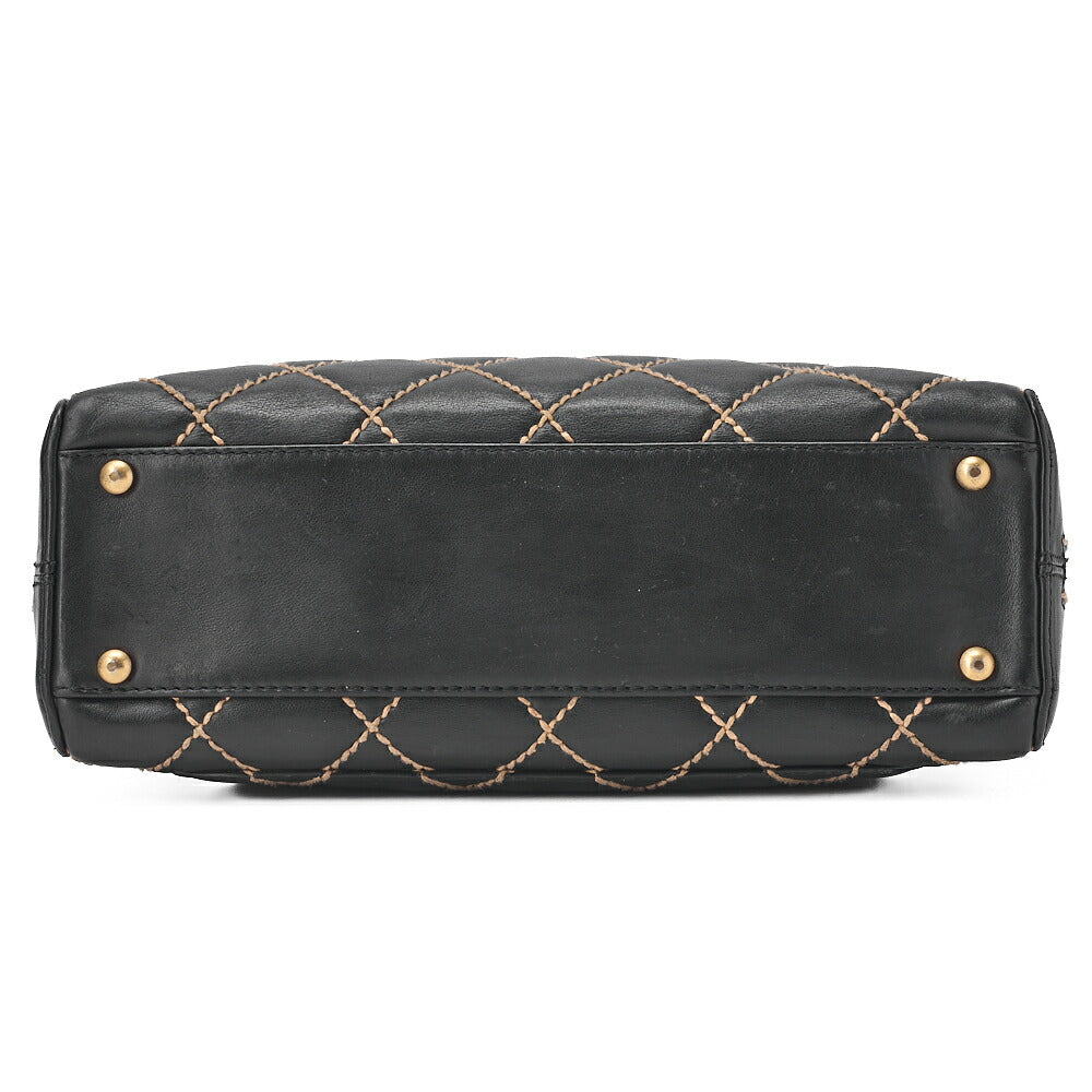 CHANEL Coco Mark Wild Stitch Handbag Calfskin Black Gold-Tone Hardware, Pre-Owned