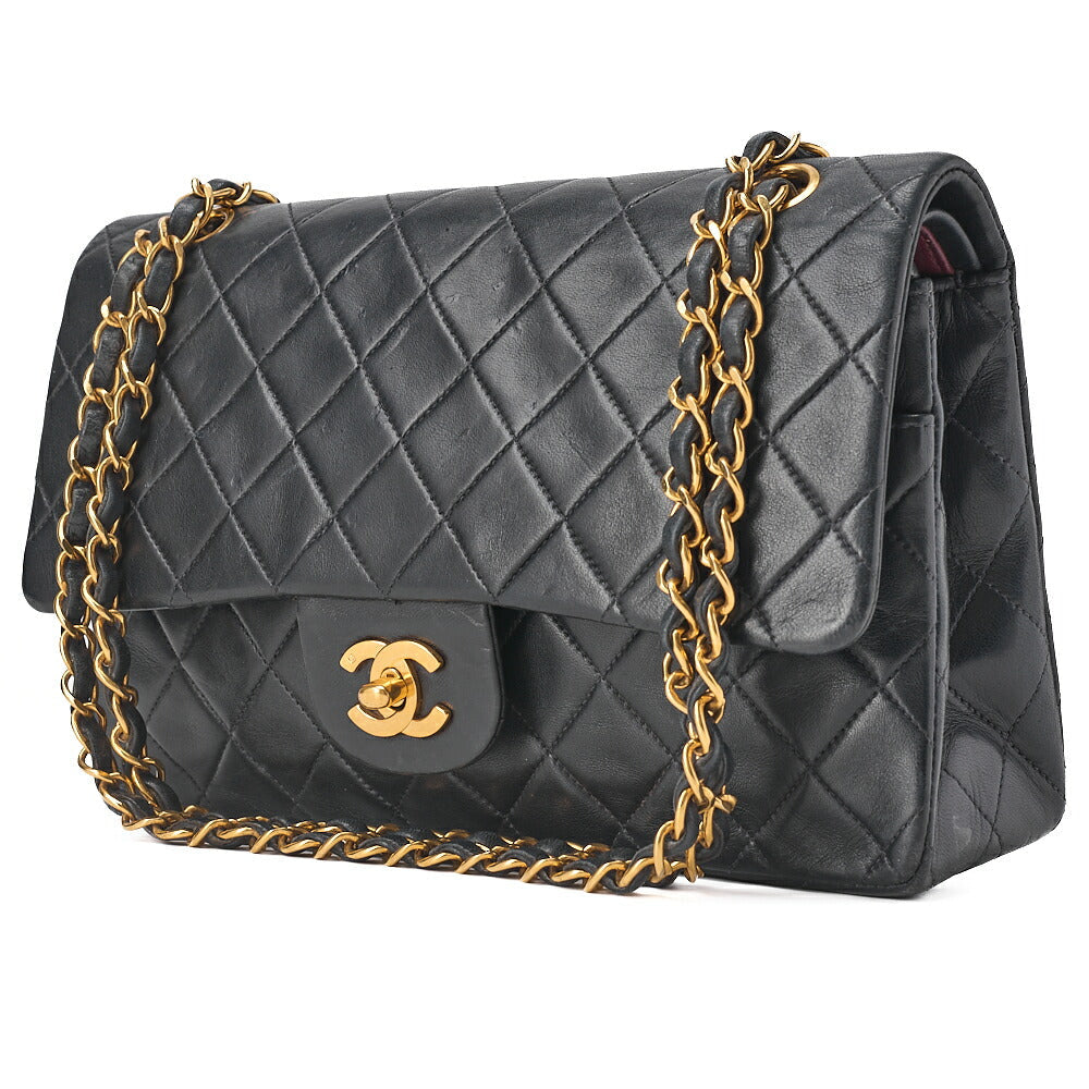 CHANEL Lambskin Matelasse 25cm Double Flap Chain Shoulder Black Gold-Tone Hardware, Pre-Owned