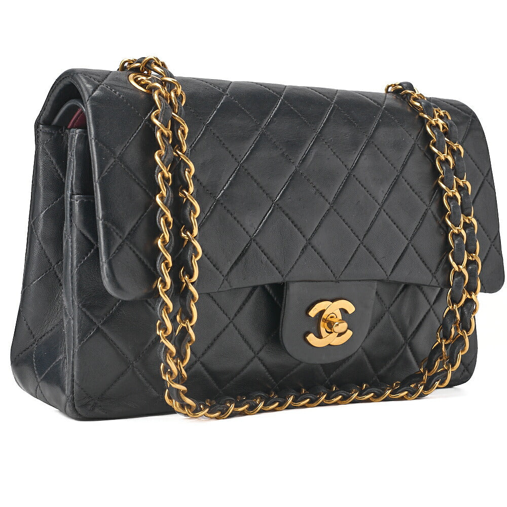 CHANEL Lambskin Matelasse 25cm Double Flap Chain Shoulder Black Gold-Tone Hardware, Pre-Owned
