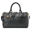 CHANEL Caviar Skin Coco Mark 2WAY Shoulder Boston Black Gold-Tone Hardware, Pre-Owned