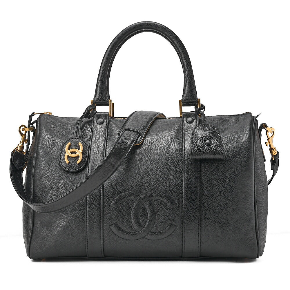 CHANEL Caviar Skin Coco Mark 2WAY Shoulder Boston Black Gold-Tone Hardware, Pre-Owned