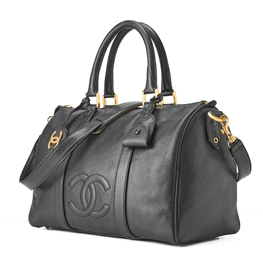 CHANEL Caviar Skin Coco Mark 2WAY Shoulder Boston Black Gold-Tone Hardware, Pre-Owned