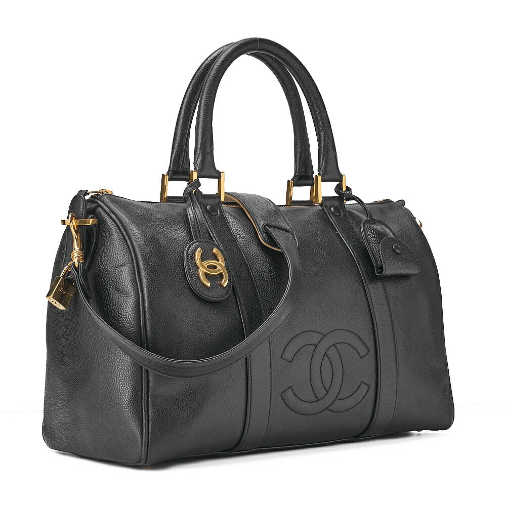 CHANEL Caviar Skin Coco Mark 2WAY Shoulder Boston Black Gold-Tone Hardware, Pre-Owned