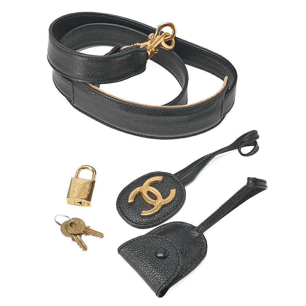 CHANEL Caviar Skin Coco Mark 2WAY Shoulder Boston Black Gold-Tone Hardware, Pre-Owned
