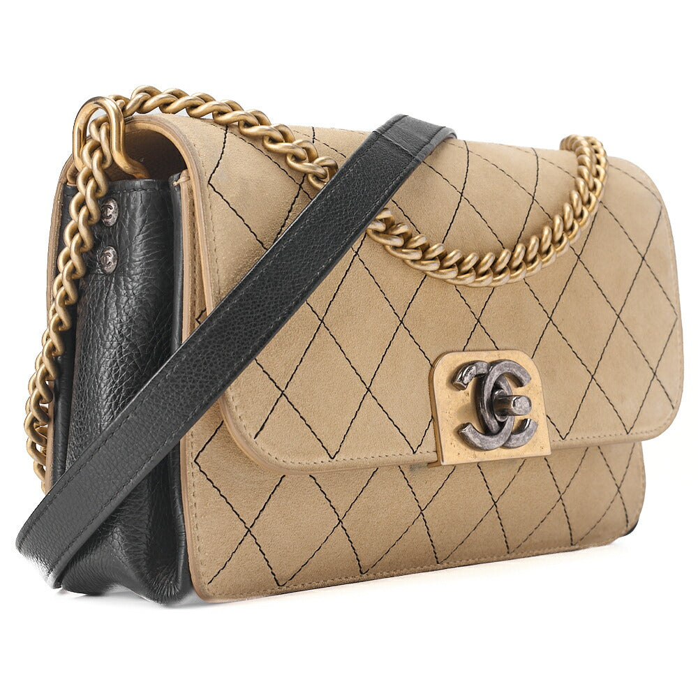 CHANEL Suede x Leather Matelasse Wild Stitch Chain Shoulder Beige x Black Gold x Silve-Tone Hardware, Pre-Owned