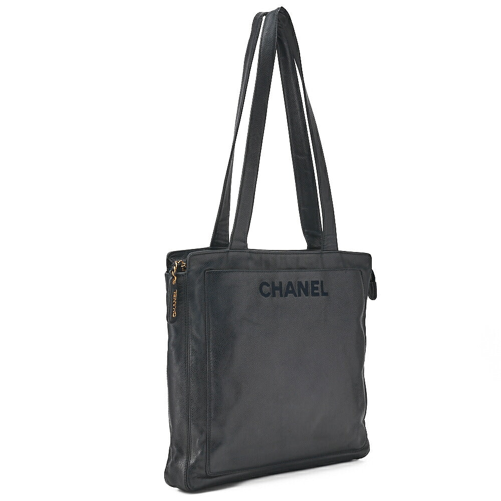 CHANEL Logo Mark Tote Bag with Logo Charm Caviar Skin Navy Gold-Tone Hardware, Pre-Owned