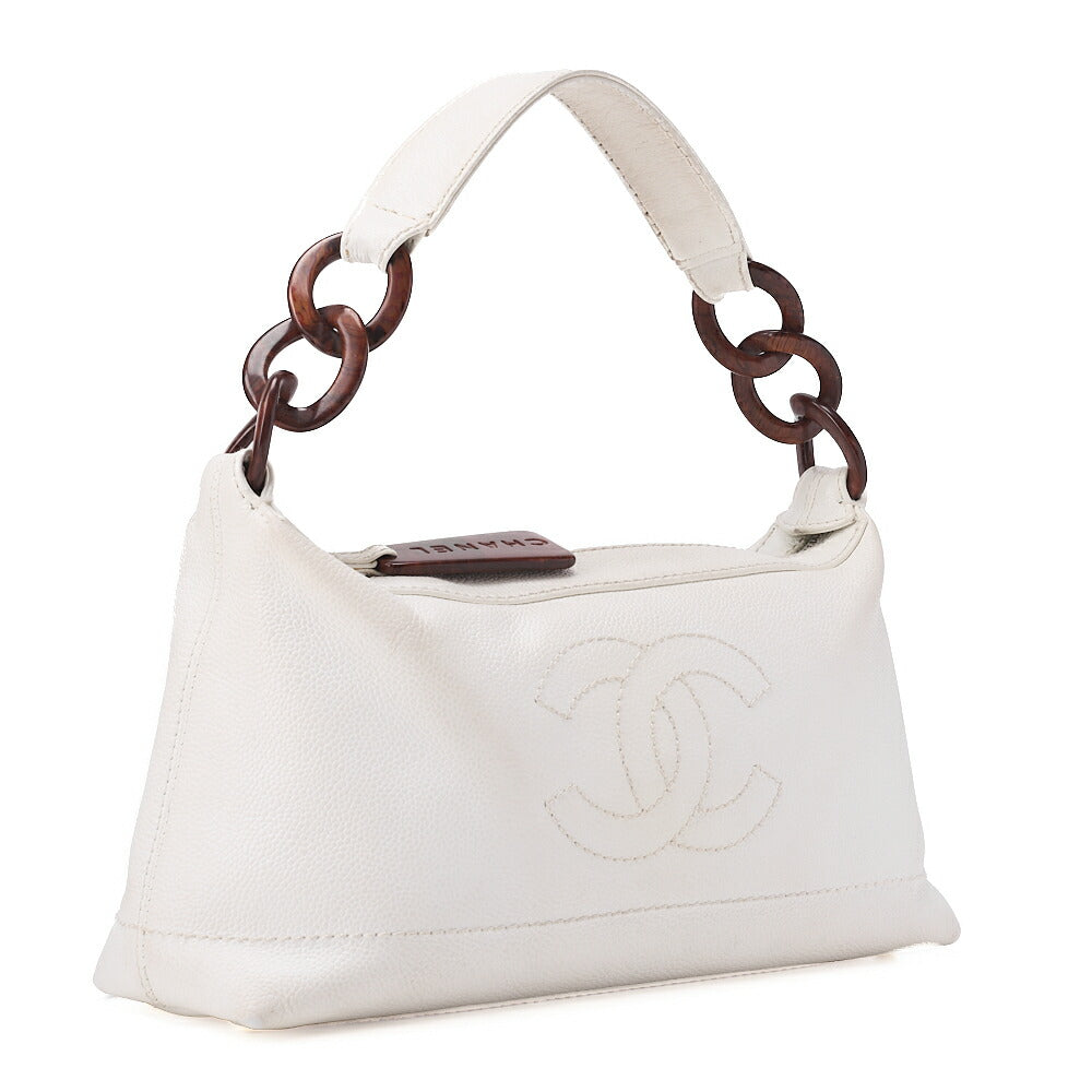 CHANEL Coco Mark Wood Pattern with Charm One Shoulder Bag Caviar Skin White Gold-Tone Hardware, Pre-Owned