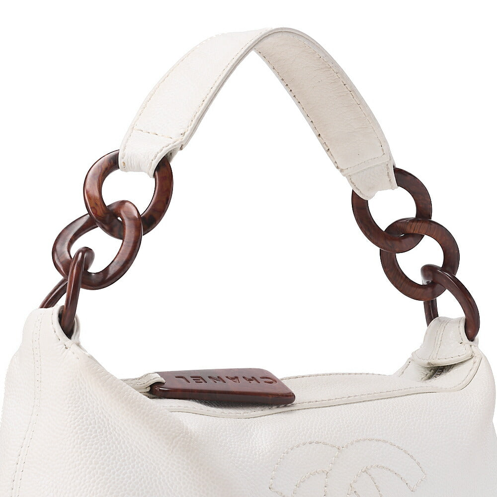 CHANEL Coco Mark Wood Pattern with Charm One Shoulder Bag Caviar Skin White Gold-Tone Hardware, Pre-Owned