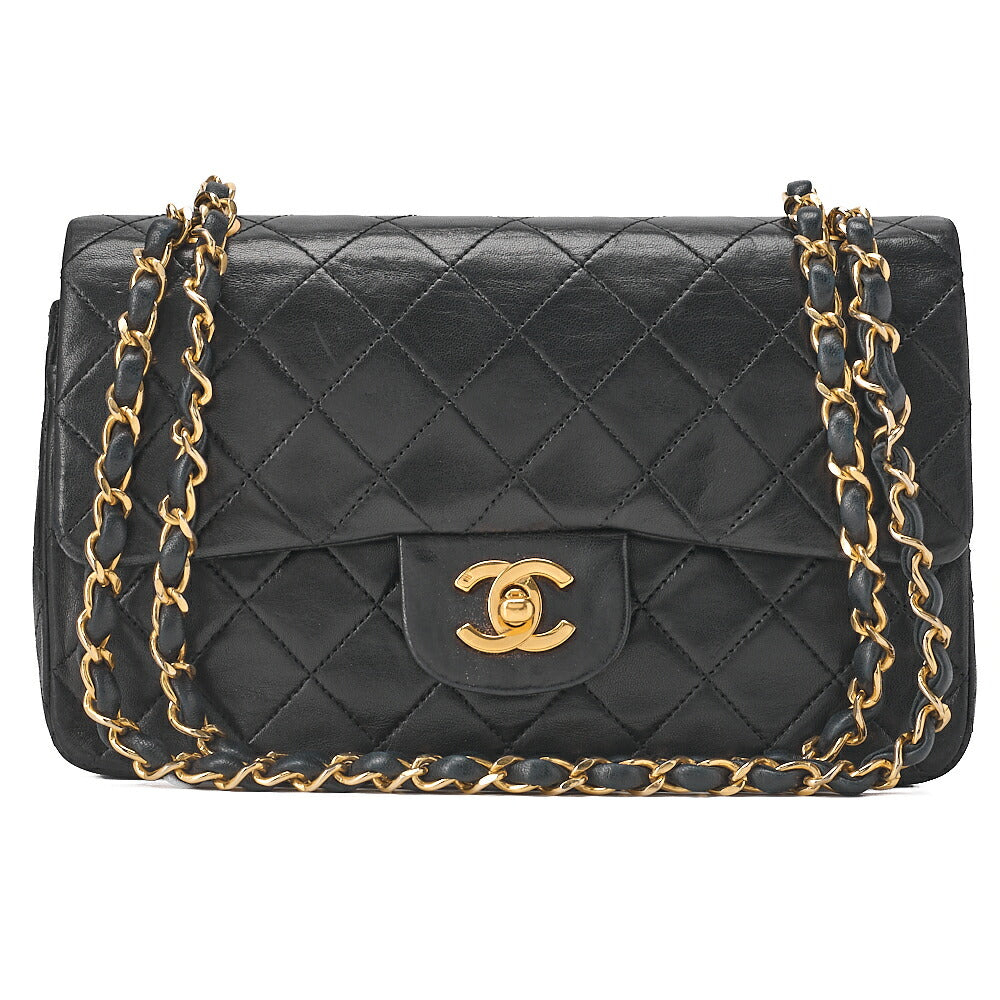 CHANEL Chain Shoulder Bag Matelasse 23cm Double Flap Lambskin Black Gold-Tone Hardware, Pre-Owned