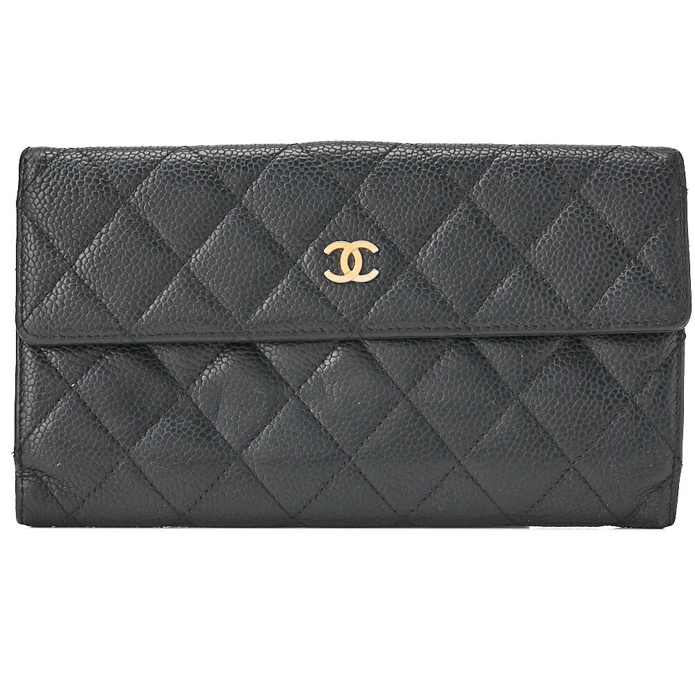 CHANEL Matelasse 2-Fold Long Wallet Caviar Skin Black Gold-Tone Hardware, Pre-Owned