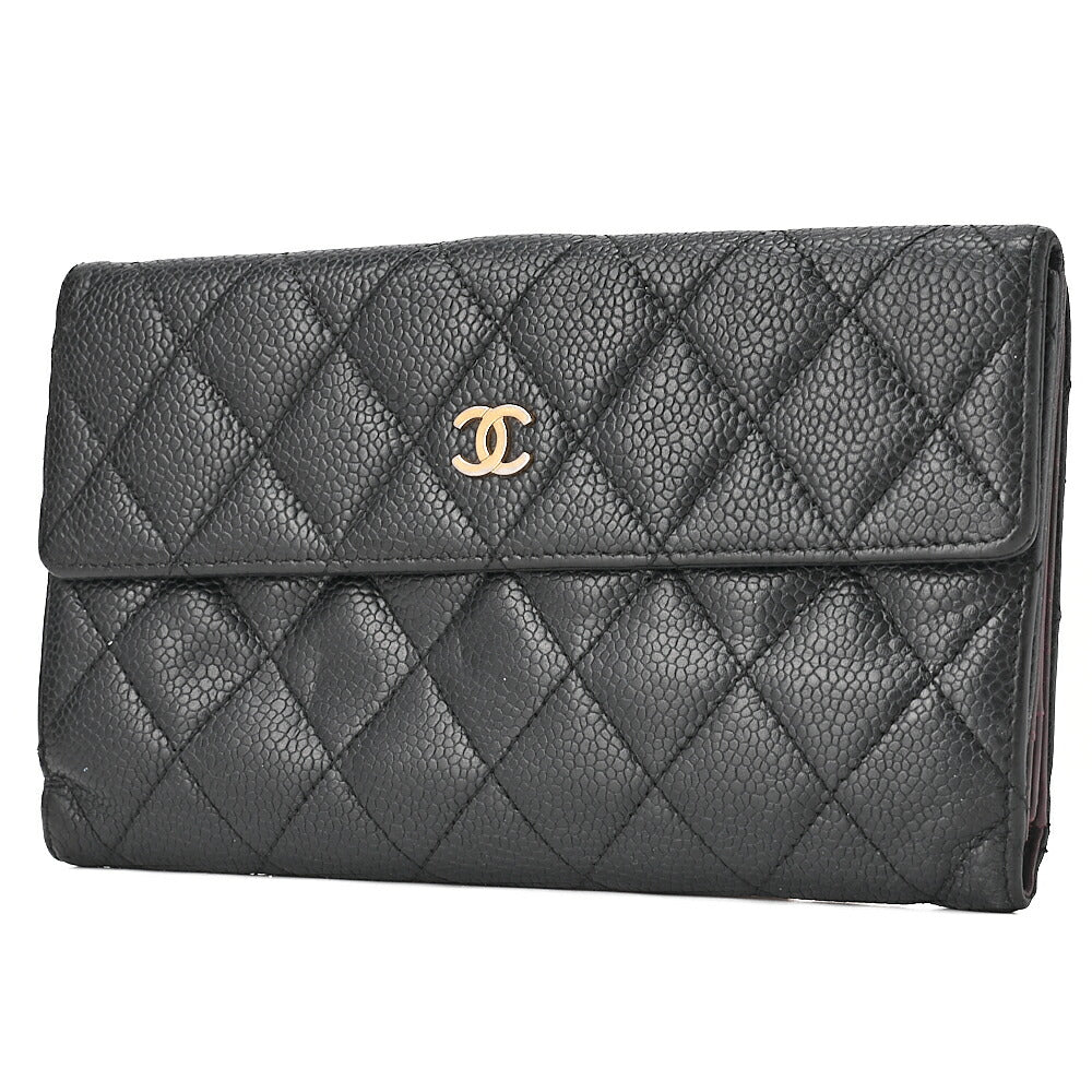 CHANEL Matelasse 2-Fold Long Wallet Caviar Skin Black Gold-Tone Hardware, Pre-Owned