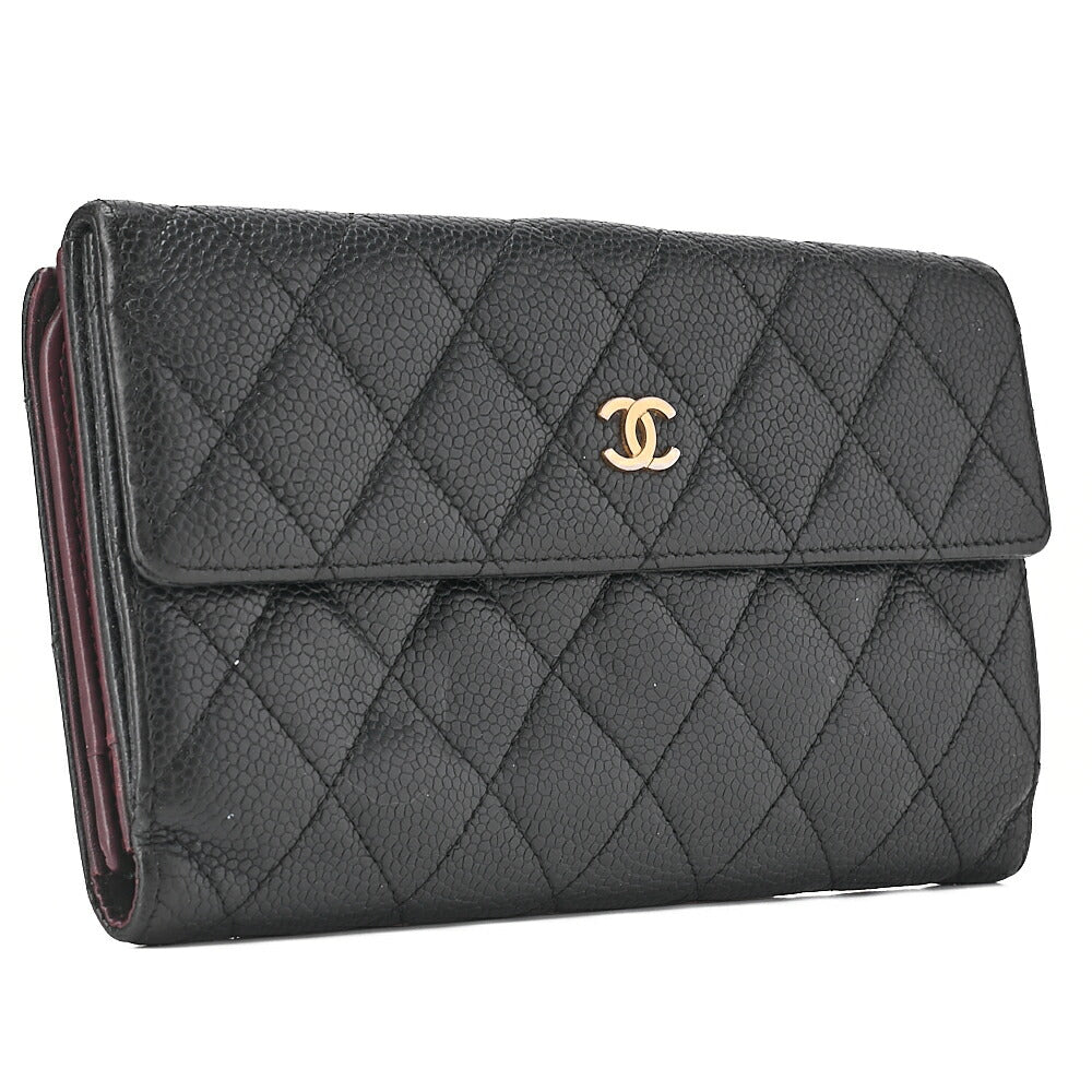 CHANEL Matelasse 2-Fold Long Wallet Caviar Skin Black Gold-Tone Hardware, Pre-Owned