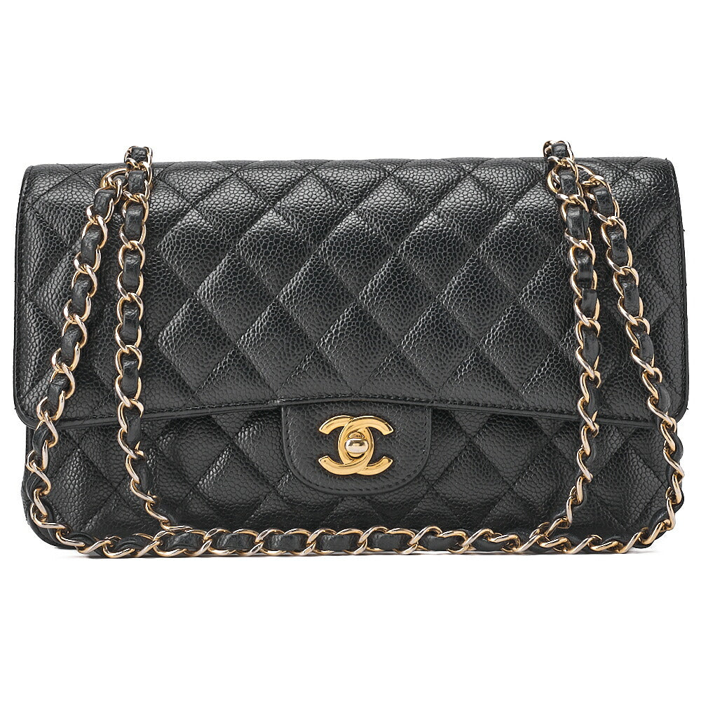 CHANEL Caviar Skin Matelasse 25cm Double Flap Chain Shoulder Black Gold-Tone Hardware, Pre-OwnedV