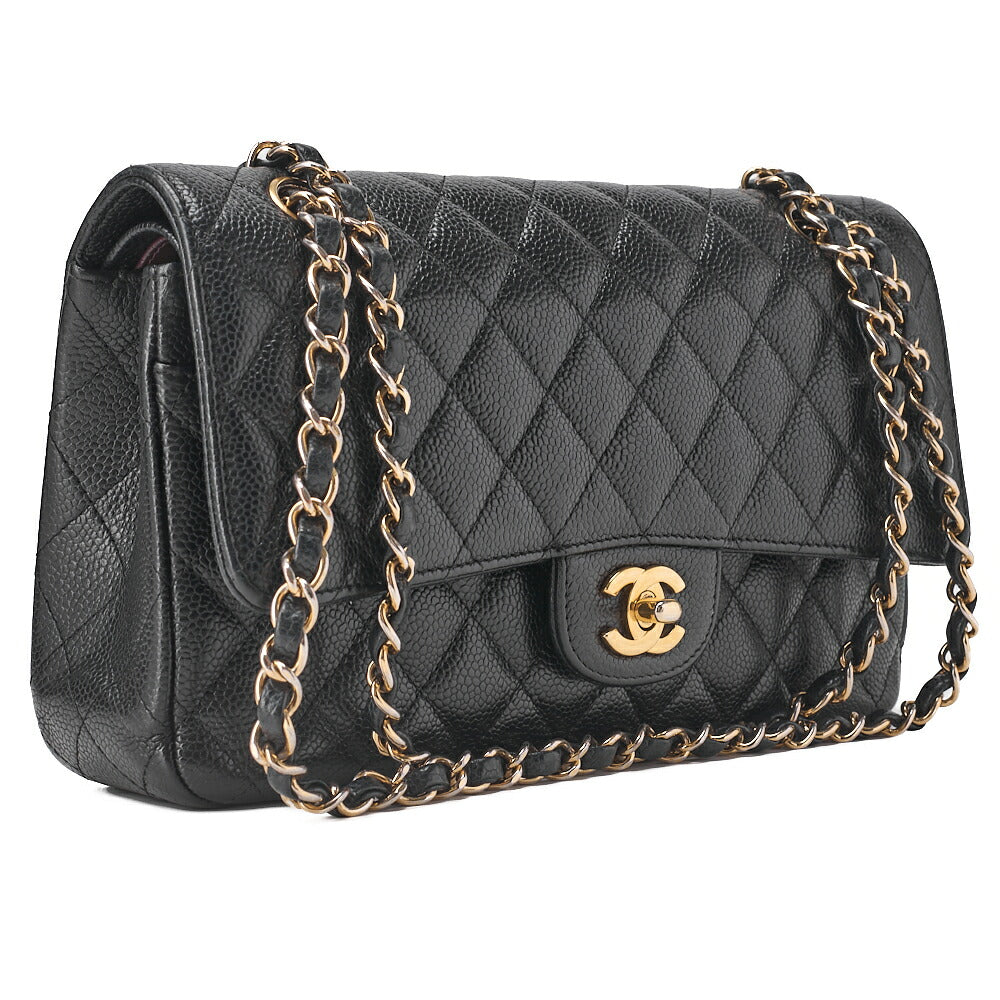 CHANEL Caviar Skin Matelasse 25cm Double Flap Chain Shoulder Black Gold-Tone Hardware, Pre-OwnedV