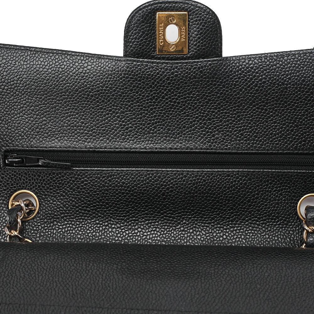 CHANEL Caviar Skin Matelasse 25cm Double Flap Chain Shoulder Black Gold-Tone Hardware, Pre-OwnedV