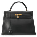 HERMES Kelly 32 Box Calf Inseam Handbag Black Gold-Tone Hardware, Pre-Owned