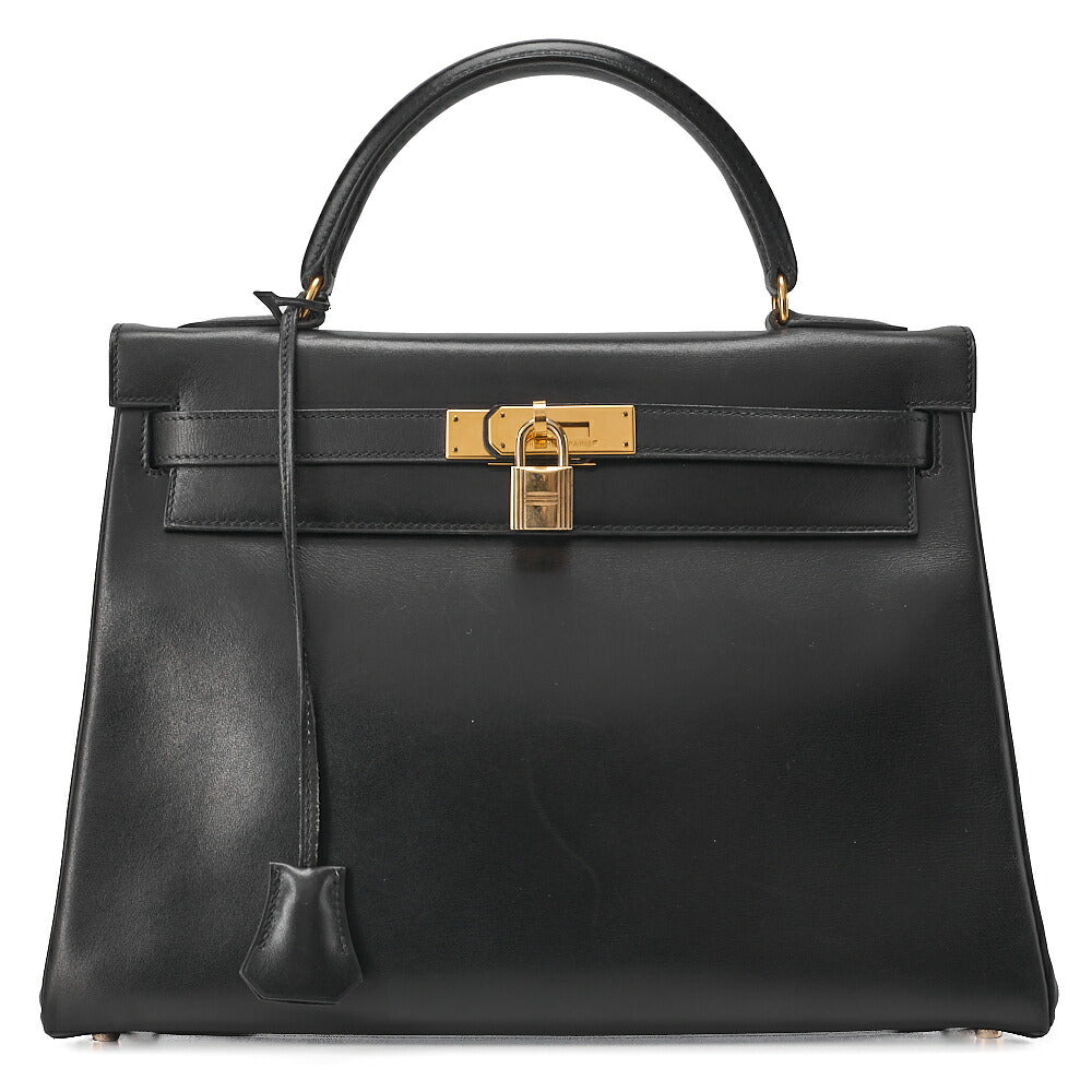 HERMES Kelly 32 Box Calf Inseam Handbag Black Gold-Tone Hardware, Pre-Owned