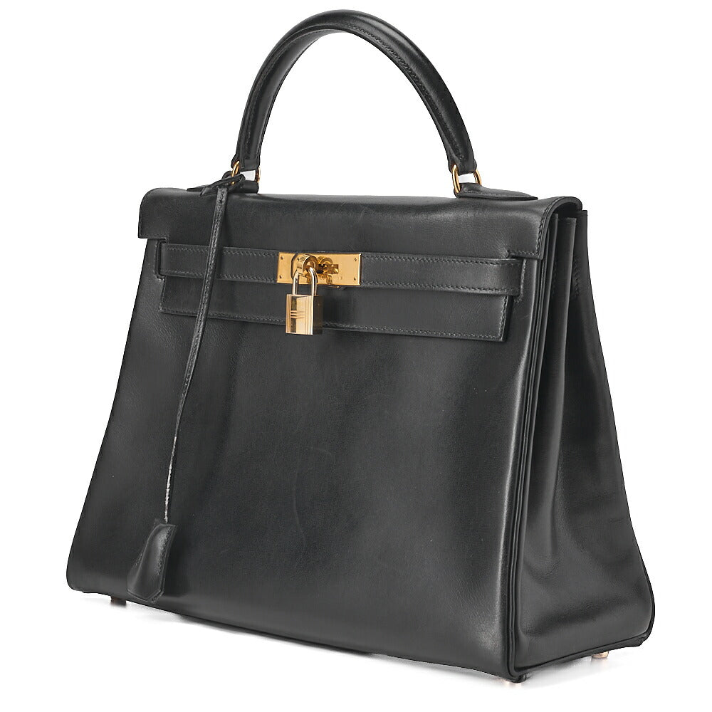 HERMES Kelly 32 Box Calf Inseam Handbag Black Gold-Tone Hardware, Pre-Owned