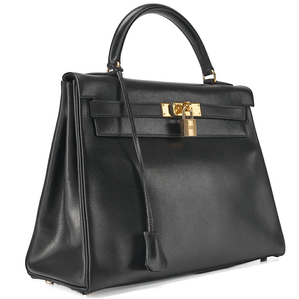 HERMES Kelly 32 Box Calf Inseam Handbag Black Gold-Tone Hardware, Pre-Owned
