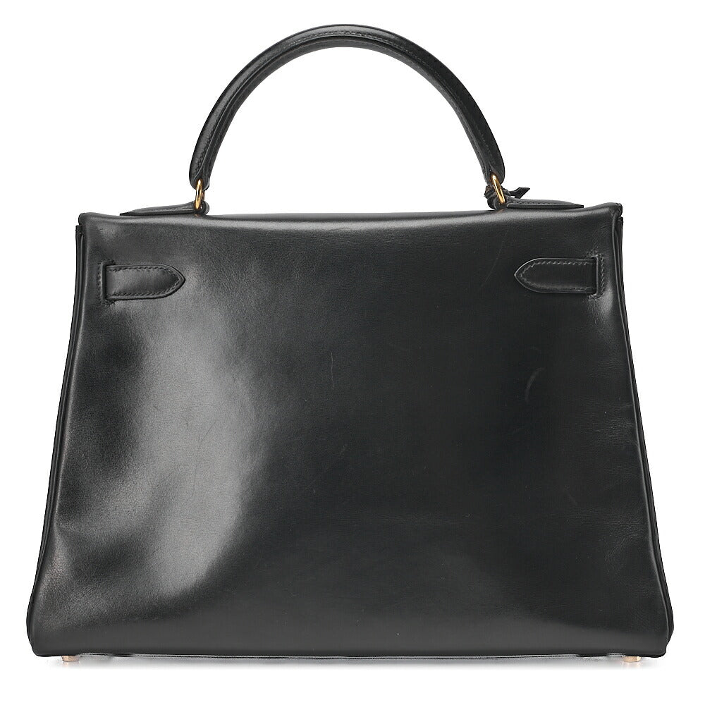 HERMES Kelly 32 Box Calf Inseam Handbag Black Gold-Tone Hardware, Pre-Owned