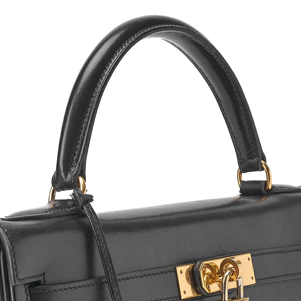 HERMES Kelly 32 Box Calf Inseam Handbag Black Gold-Tone Hardware, Pre-Owned