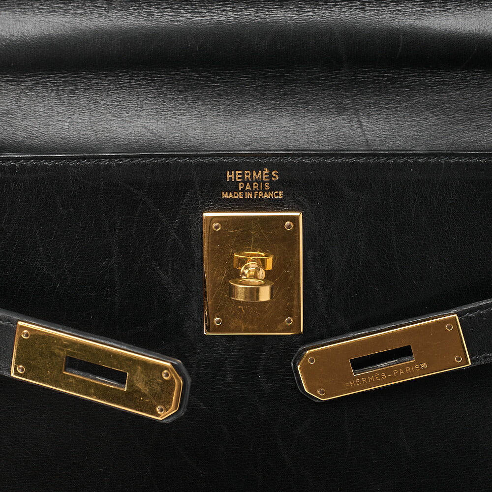HERMES Kelly 32 Box Calf Inseam Handbag Black Gold-Tone Hardware, Pre-Owned
