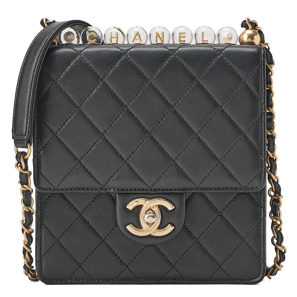 CHANEL Chain Shoulder CC Logo Mini Matelasse Pearl Chain Wallet Lambskin Black Gold-Tone Hardware, Pre-Owned