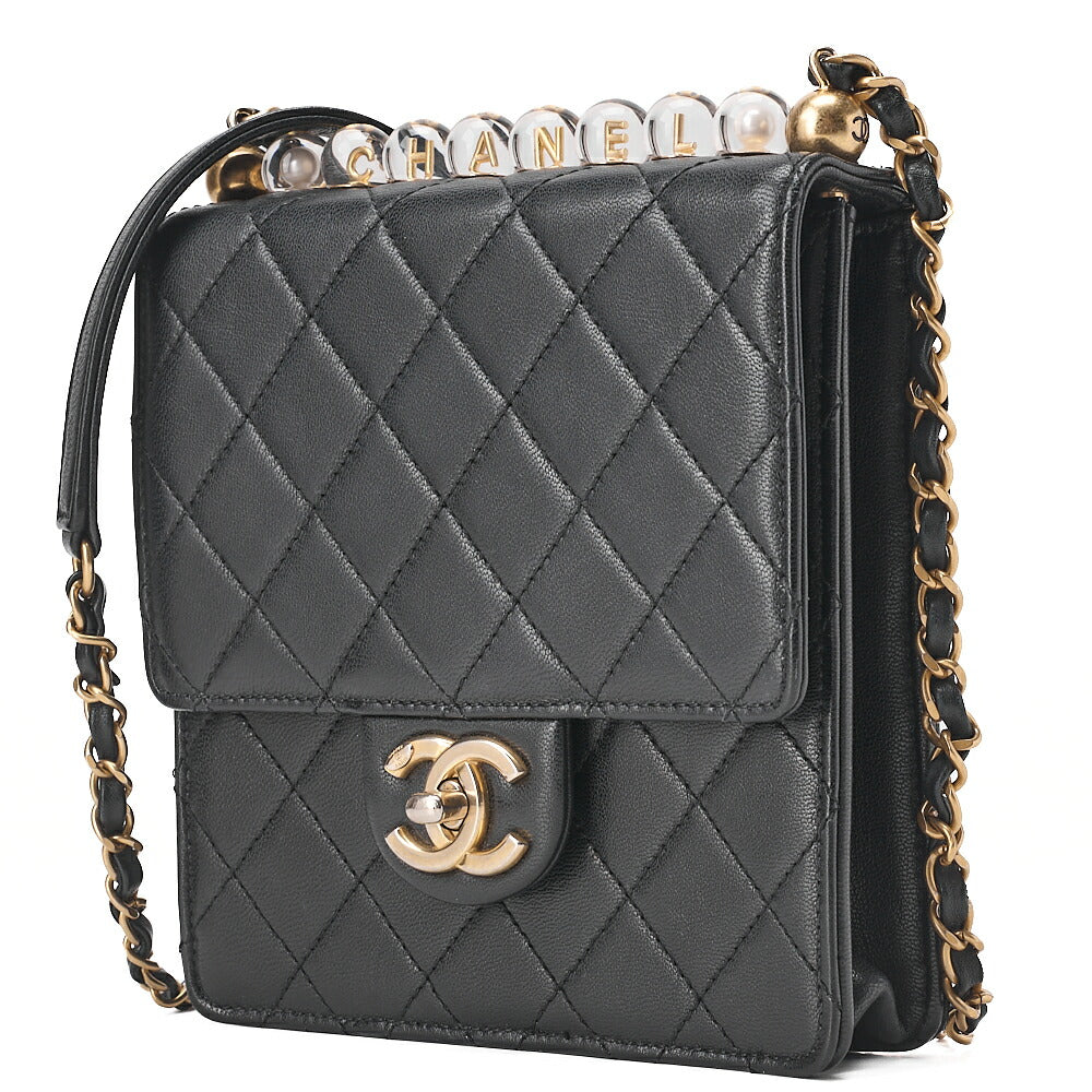 CHANEL Chain Shoulder CC Logo Mini Matelasse Pearl Chain Wallet Lambskin Black Gold-Tone Hardware, Pre-Owned