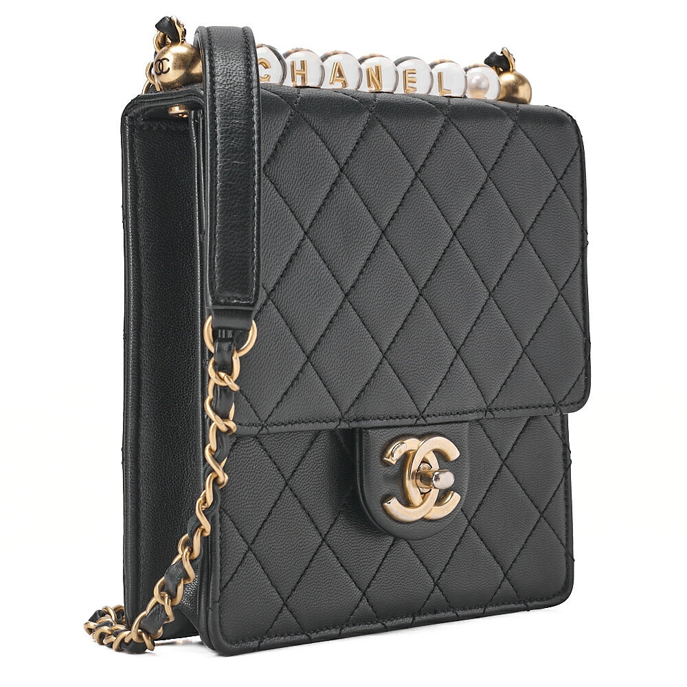 CHANEL Chain Shoulder CC Logo Mini Matelasse Pearl Chain Wallet Lambskin Black Gold-Tone Hardware, Pre-Owned