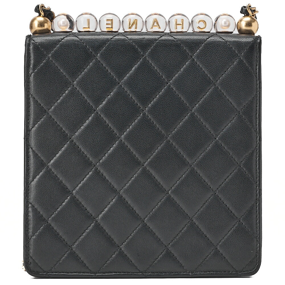 CHANEL Chain Shoulder CC Logo Mini Matelasse Pearl Chain Wallet Lambskin Black Gold-Tone Hardware, Pre-Owned