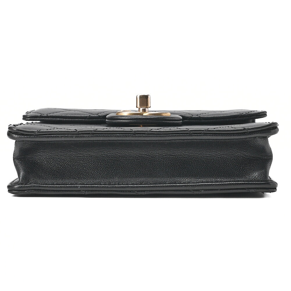 CHANEL Chain Shoulder CC Logo Mini Matelasse Pearl Chain Wallet Lambskin Black Gold-Tone Hardware, Pre-Owned