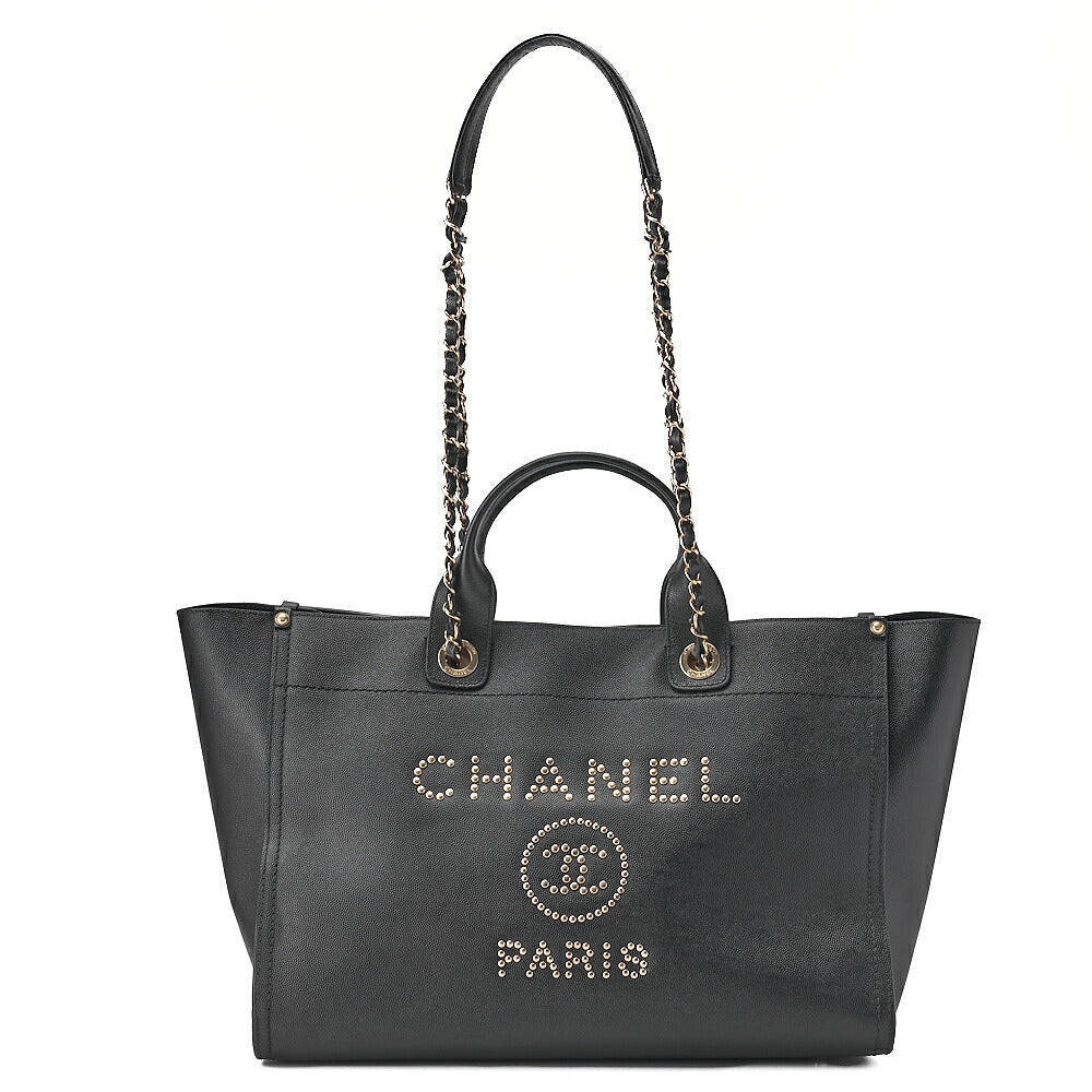 CHANEL Deauville MM Caviar Skin Studs Chain Tote Bag Black Gold-Tone Hardware, Pre-Owned