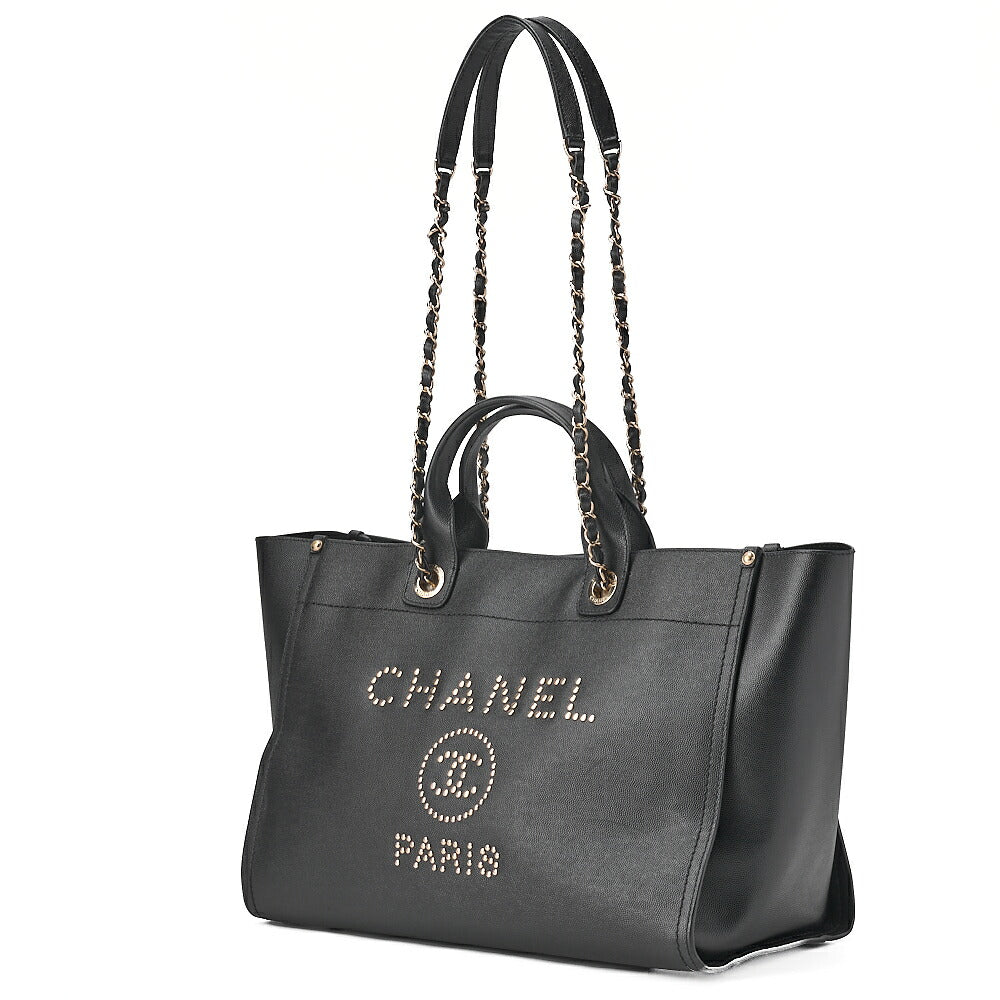 CHANEL Deauville MM Caviar Skin Studs Chain Tote Bag Black Gold-Tone Hardware, Pre-Owned