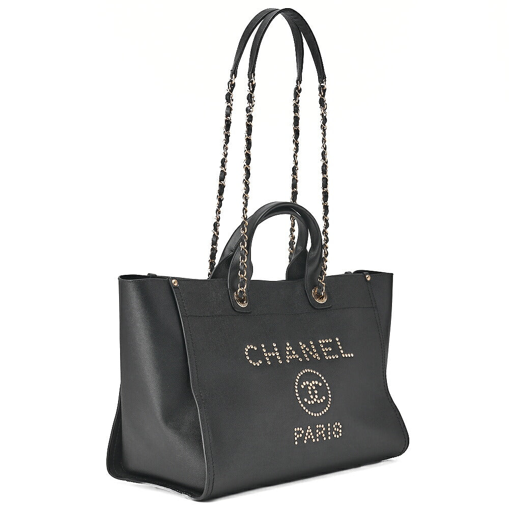 CHANEL Deauville MM Caviar Skin Studs Chain Tote Bag Black Gold-Tone Hardware, Pre-Owned