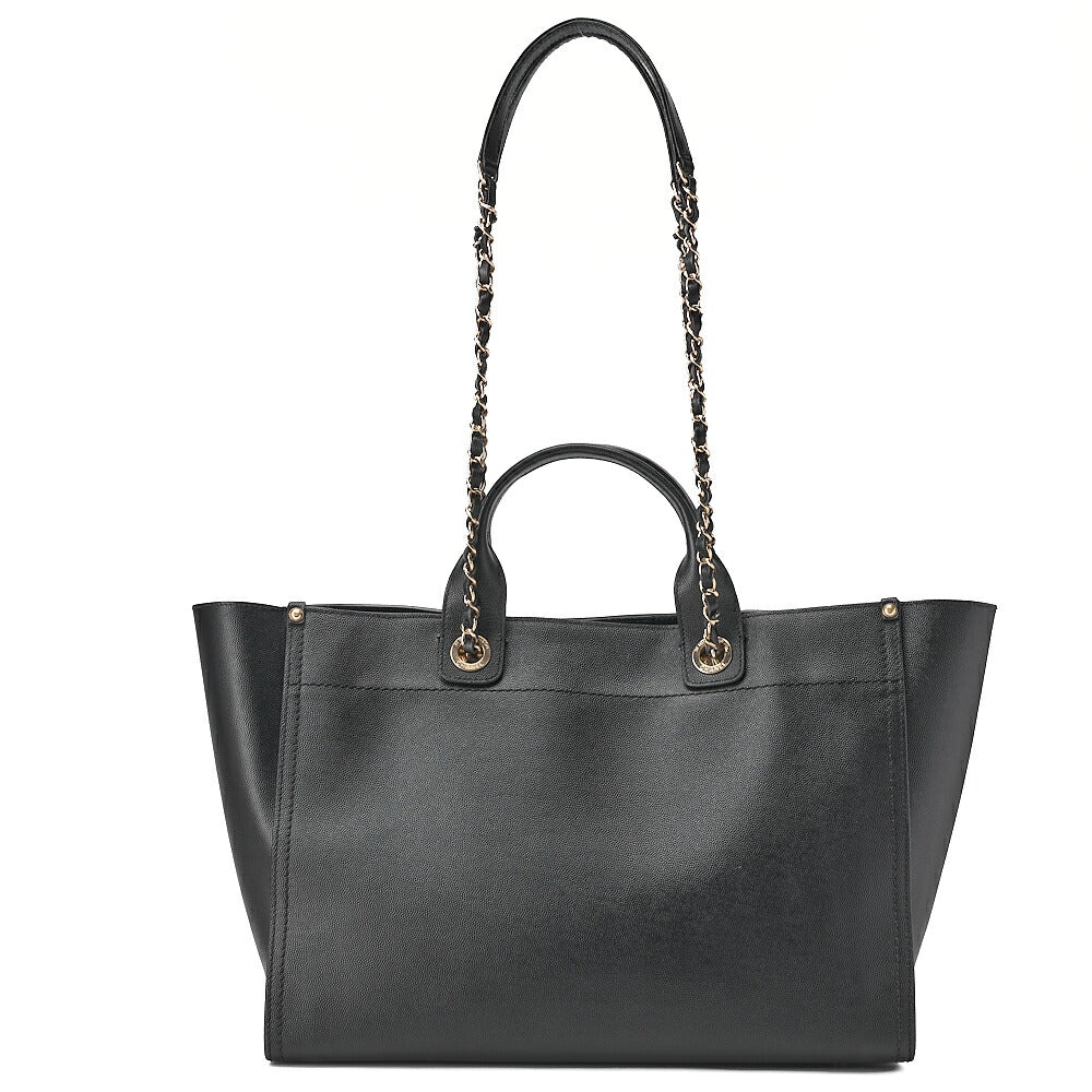 CHANEL Deauville MM Caviar Skin Studs Chain Tote Bag Black Gold-Tone Hardware, Pre-Owned