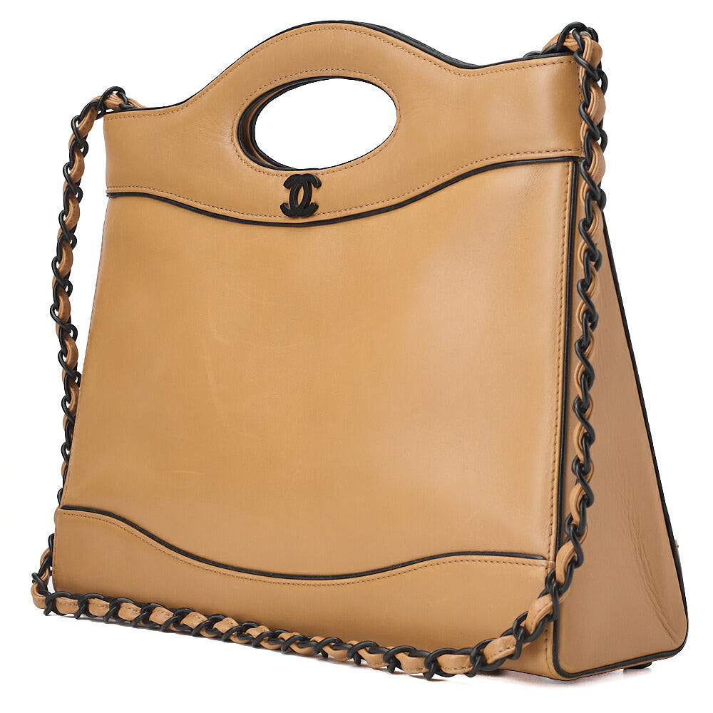 CHANEL Coco Mark 2way Chain Shoulder Bag Calfskin Beige Black-Tone Hardware, Pre-Owned
