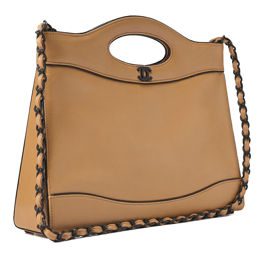 CHANEL Coco Mark 2way Chain Shoulder Bag Calfskin Beige Black-Tone Hardware, Pre-Owned