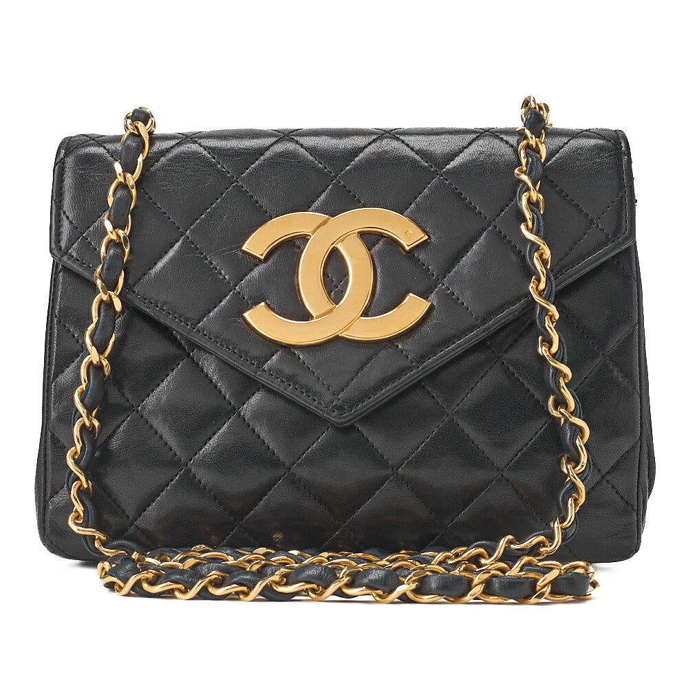 CHANEL Matelasse Big Coco V-Flap Single Push Lock Chain Shoulder Lambskin Black Gold-Tone Hardware, Pre-Owned