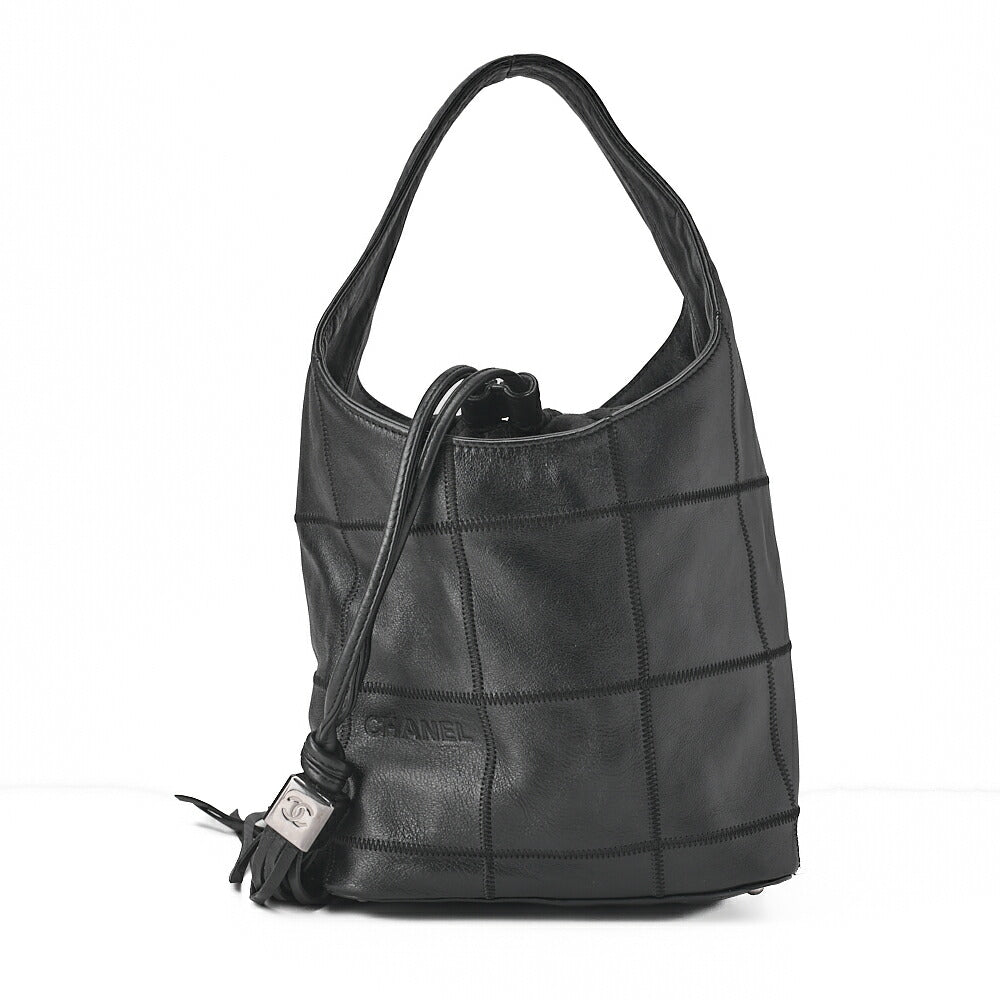 CHANEL Handbag Calfskin Chocolate Bar Logo Mark with Fringe Black Silver-Tone Hardware, Pre-Owned