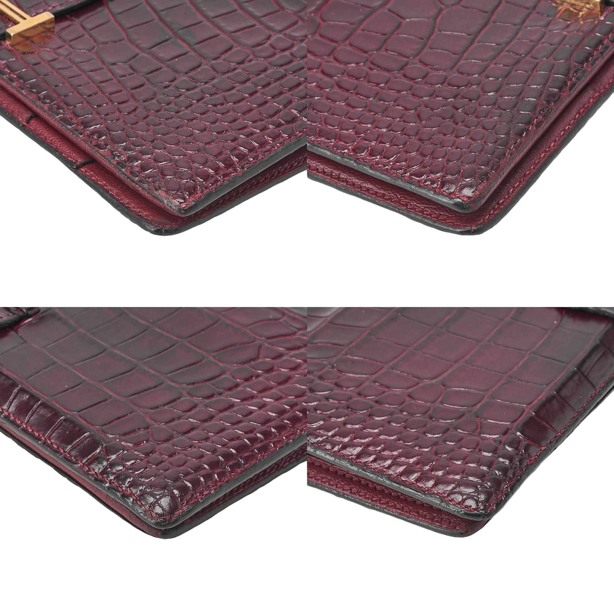 HERMES B?ance Souffl Alligator 2-fold long wallet Bordeaux Gold-Tone Hardware, Pre-Owned